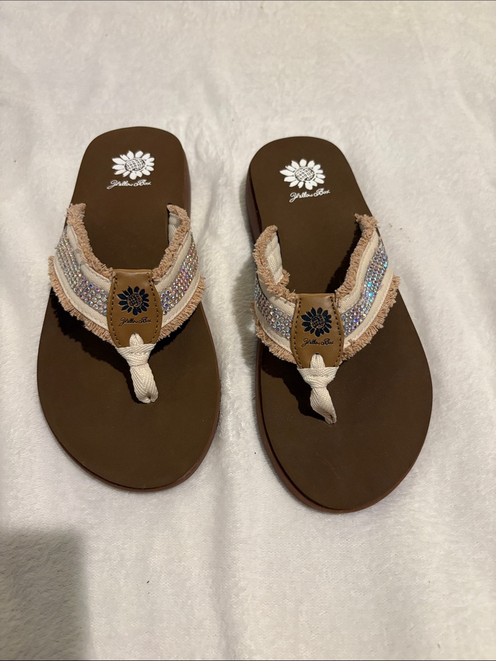 Yellow Box Tan Beaded Fringe Thong Sandals